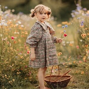 Dannie and Lilou Strawberry Thief Long Sleeve Frilled Collar Dress size 3-4